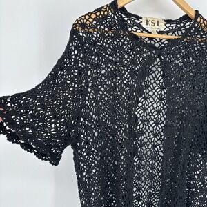 Vintage Crochet Top XL Boho Hippie Open Knit Kimono Layering Short Sleeve Dainty